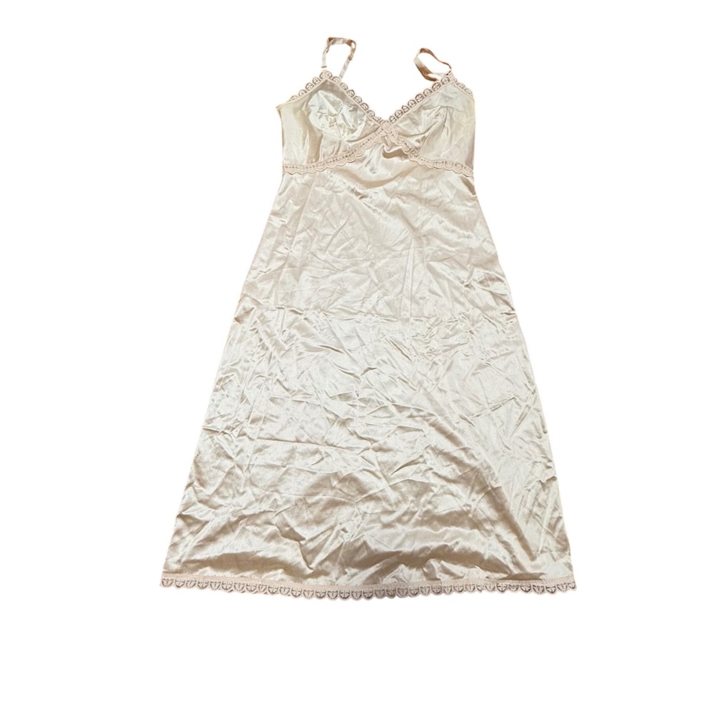 Vintage Sears The Doesnt Slip Beige Lace Trim Full Slip Dress Antron III Size 34